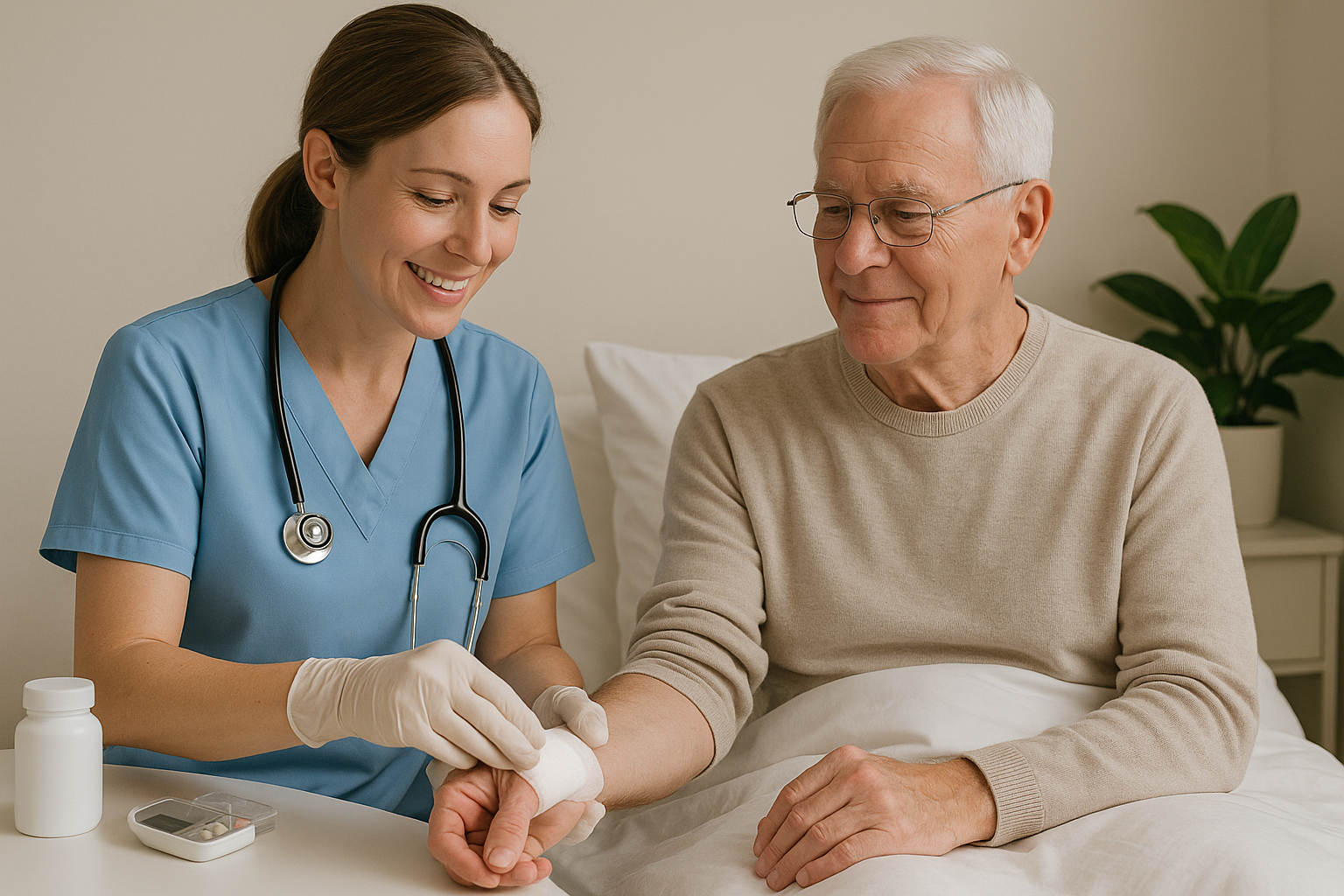 Nurse changing post-op dressing at home
